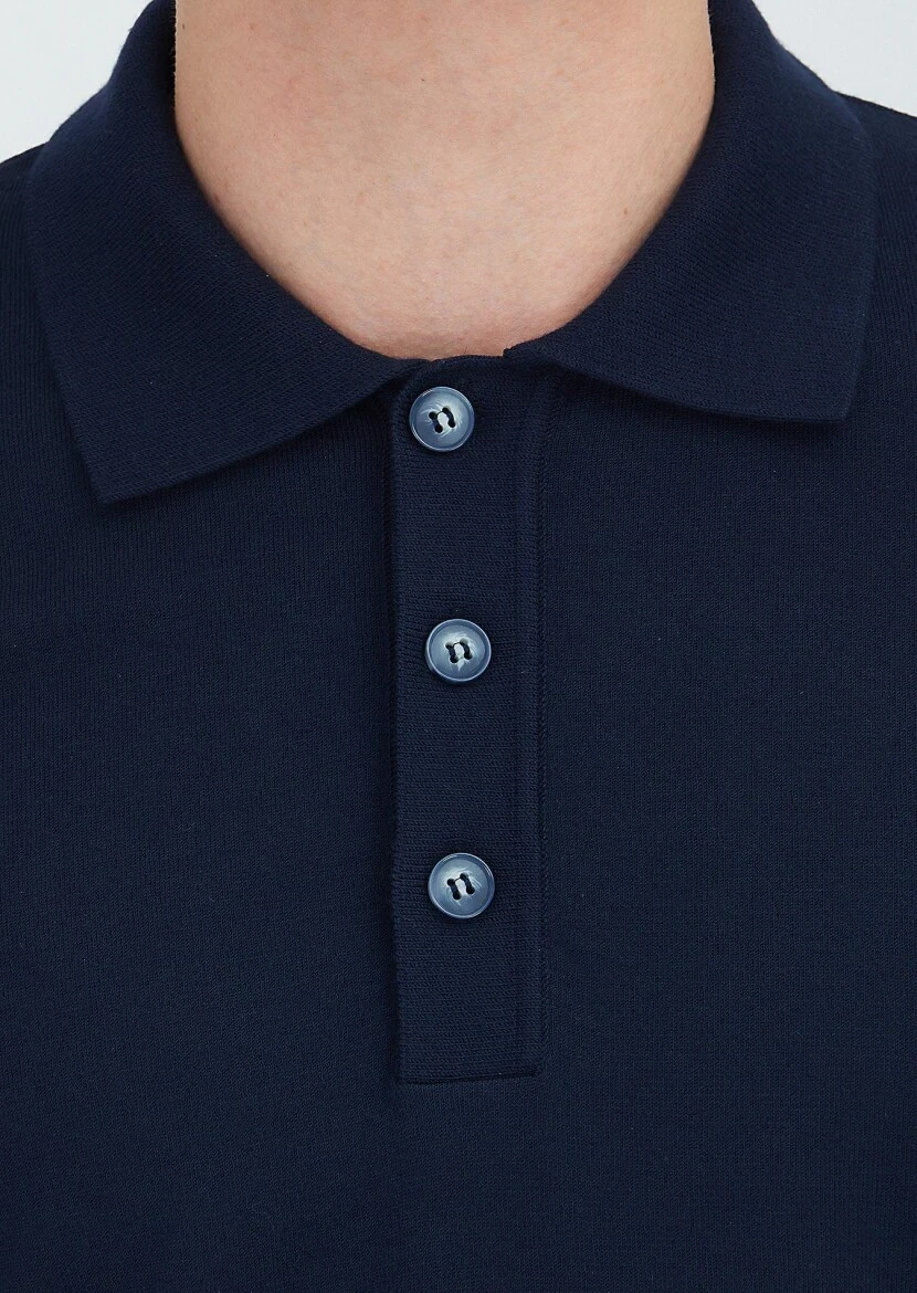 Lacivert Polo Yaka Düz Örgü Triko Kazak 