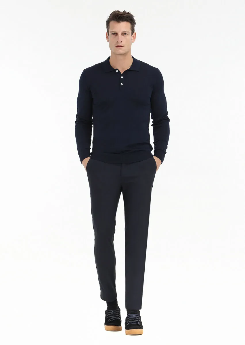 Lacivert Polo Yaka Düz Örgü Yün Karışımlı Triko Kazak - 1