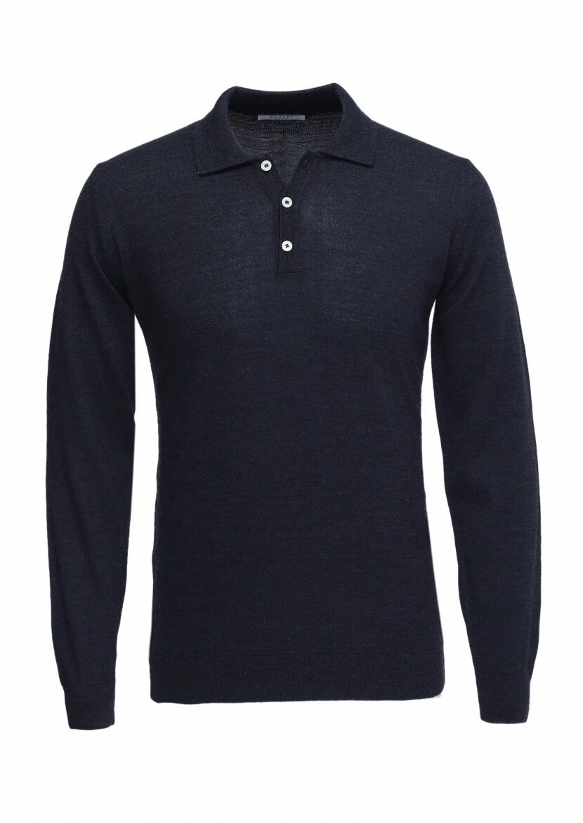 Lacivert Polo Yaka Düz Örgü Yün Karışımlı Triko Kazak - 5