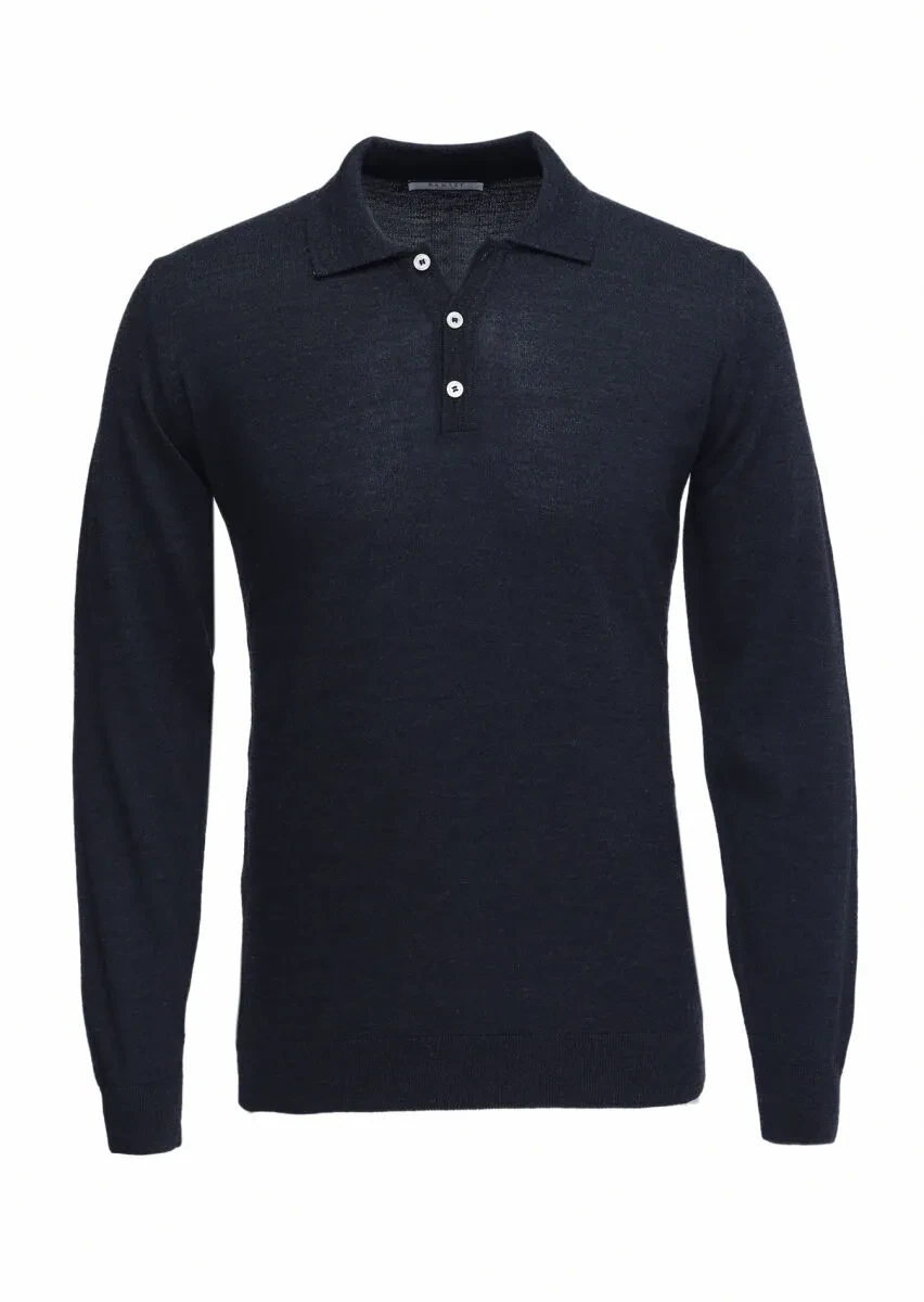 Lacivert Polo Yaka Düz Örgü Yün Karışımlı Triko Kazak - 5