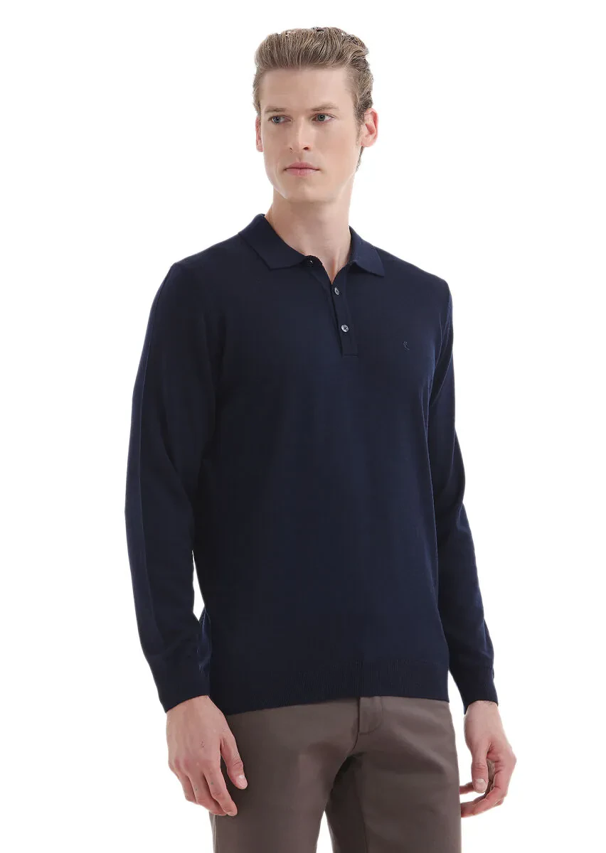 Lacivert Polo Yaka Düz Örgü Yün Karışımlı Triko Kazak - 1