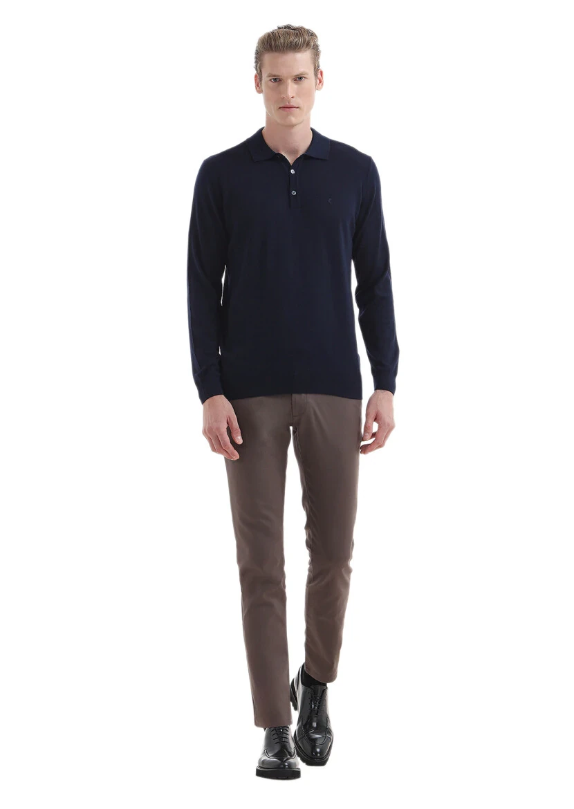 Lacivert Polo Yaka Düz Örgü Yün Karışımlı Triko Kazak 