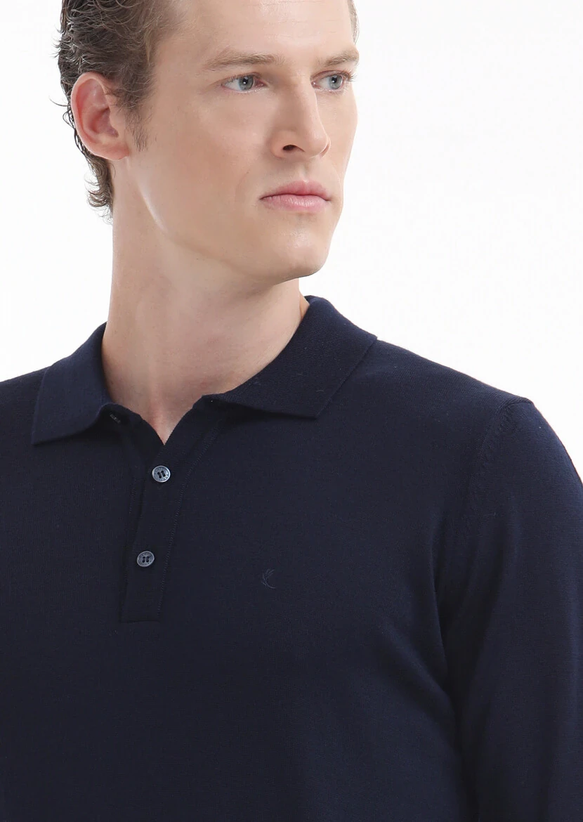 Lacivert Polo Yaka Düz Örgü Yün Karışımlı Triko Kazak - 3