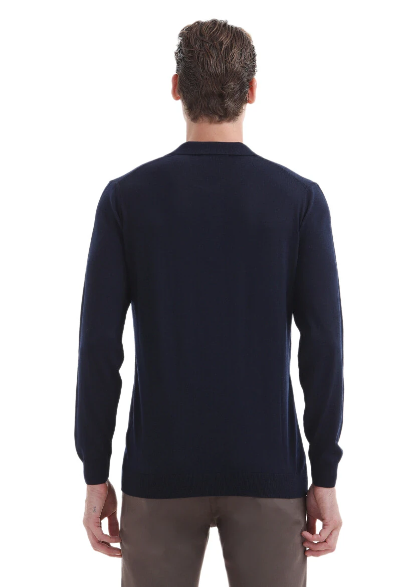 Lacivert Polo Yaka Düz Örgü Yün Karışımlı Triko Kazak - 4