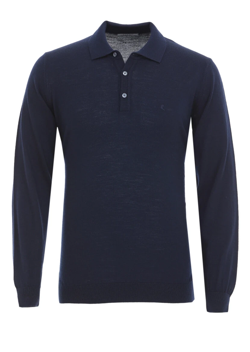 Lacivert Polo Yaka Düz Örgü Yün Karışımlı Triko Kazak - 5