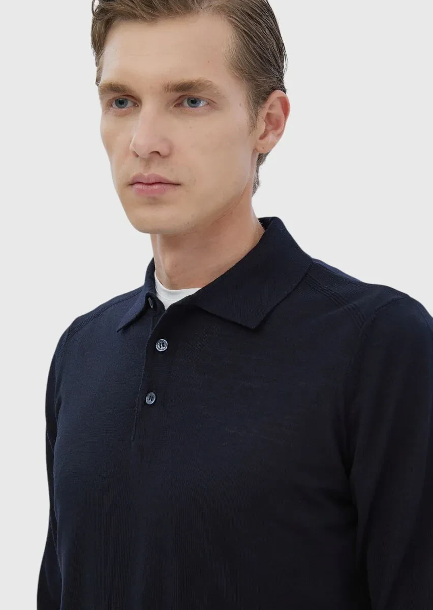 Lacivert Polo Yaka Düz Örgü Yün Karışımlı Triko Kazak - 4