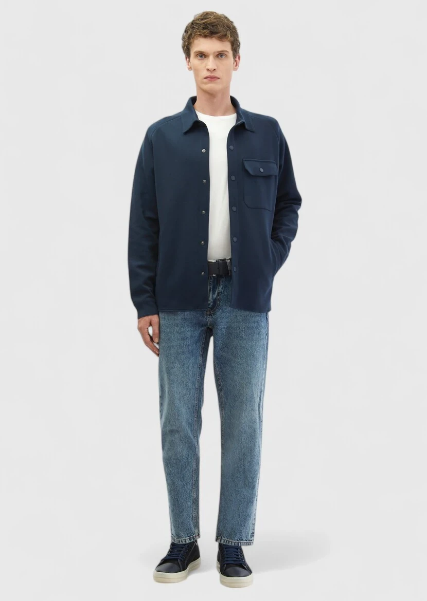 Lacivert Polo Yaka Düz Sweatshırt - RAMSEY