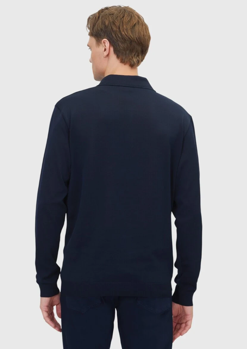 Lacivert Polo Yaka Düz Sweatshırt - 5