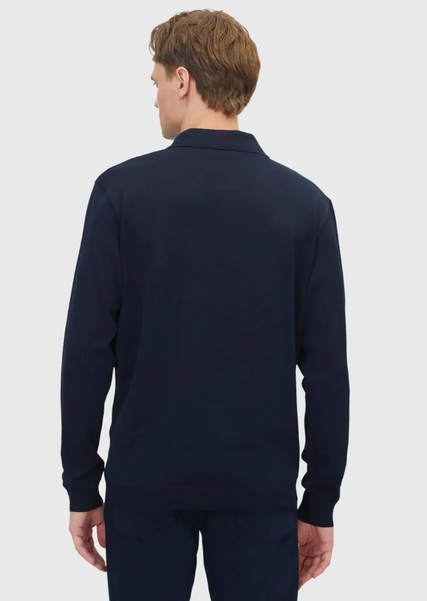 Lacivert Polo Yaka Düz Sweatshırt - 5