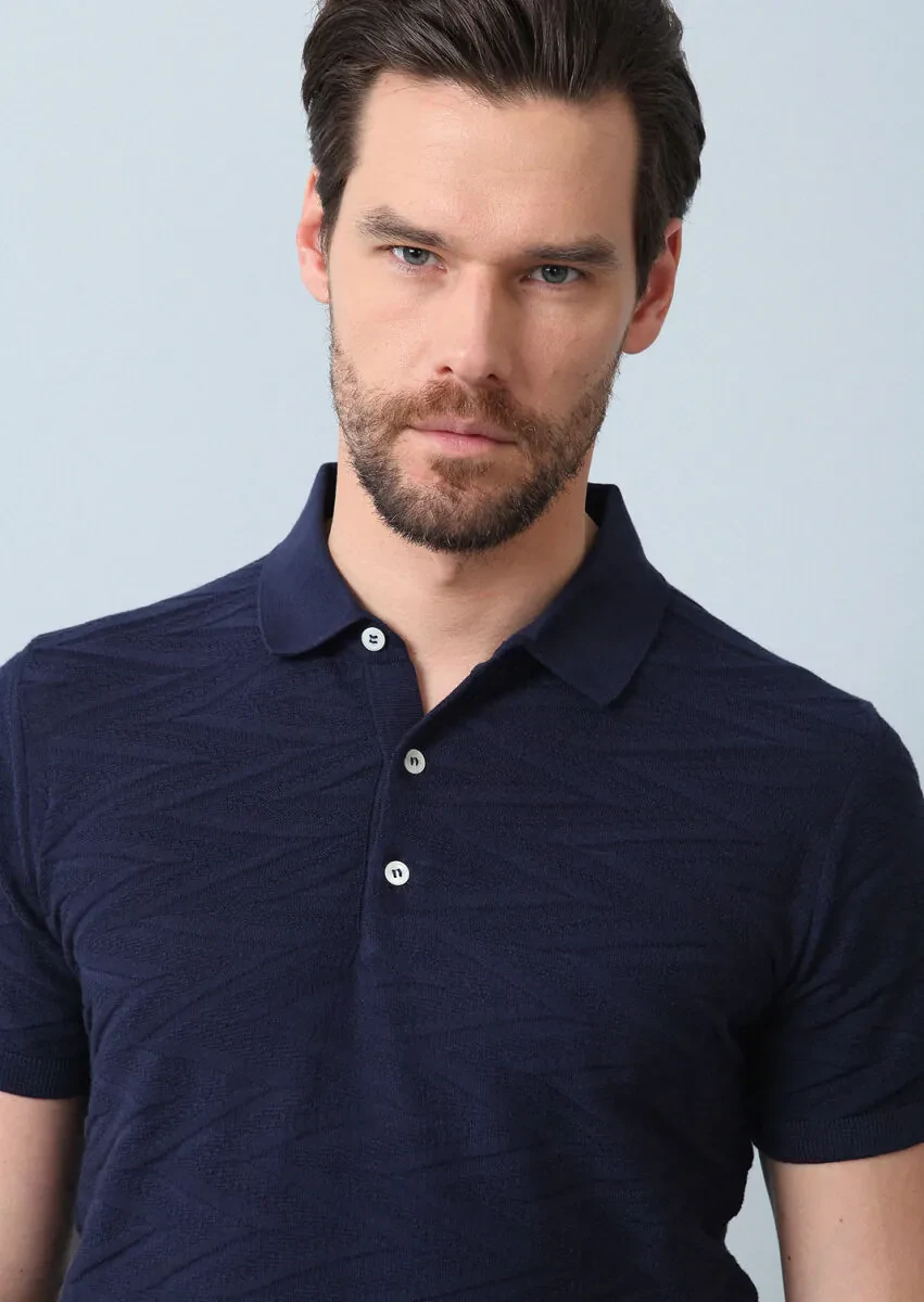 Lacivert Polo Yaka Jakarlı %100 Pamuk Triko - 1