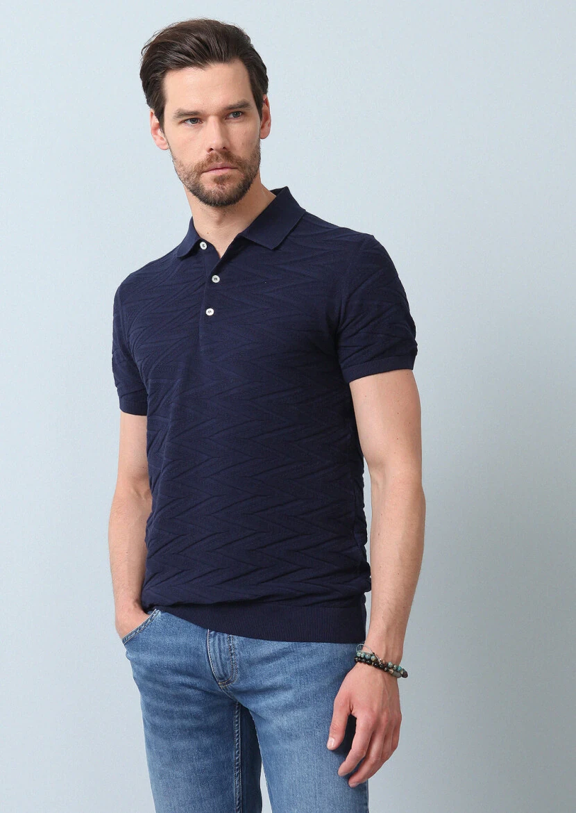 Lacivert Polo Yaka Jakarlı %100 Pamuk Triko - 2