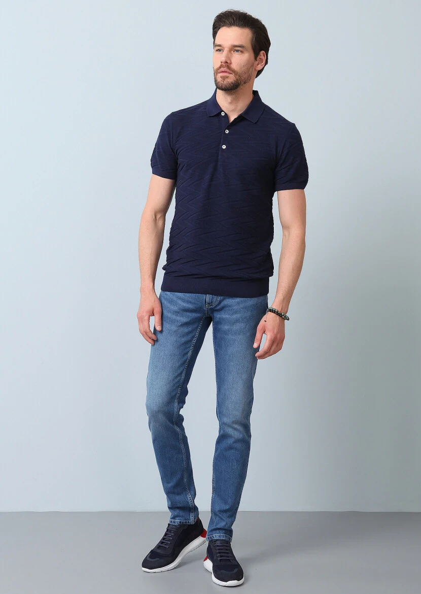 Lacivert Polo Yaka Jakarlı %100 Pamuk Triko - 3