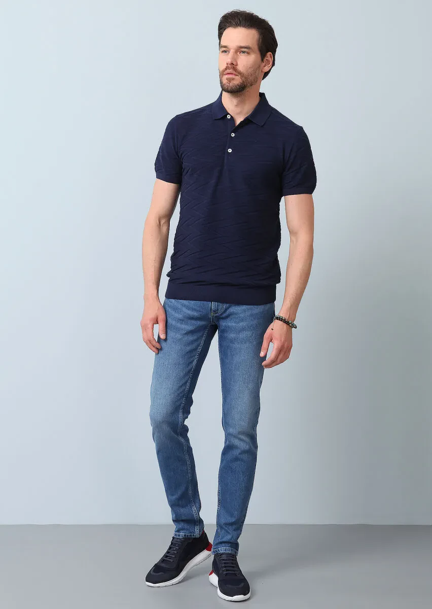 Lacivert Polo Yaka Jakarlı %100 Pamuk Triko - 3