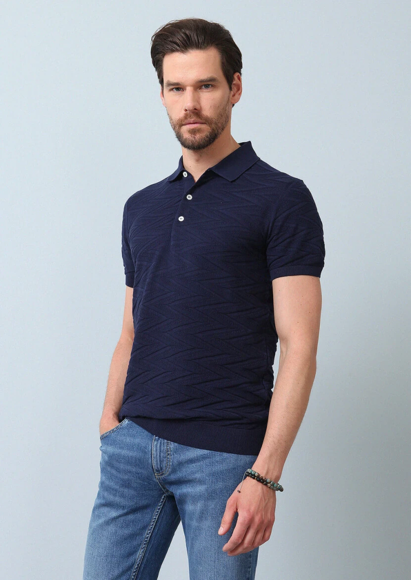 Lacivert Polo Yaka Jakarlı %100 Pamuk Triko - 4