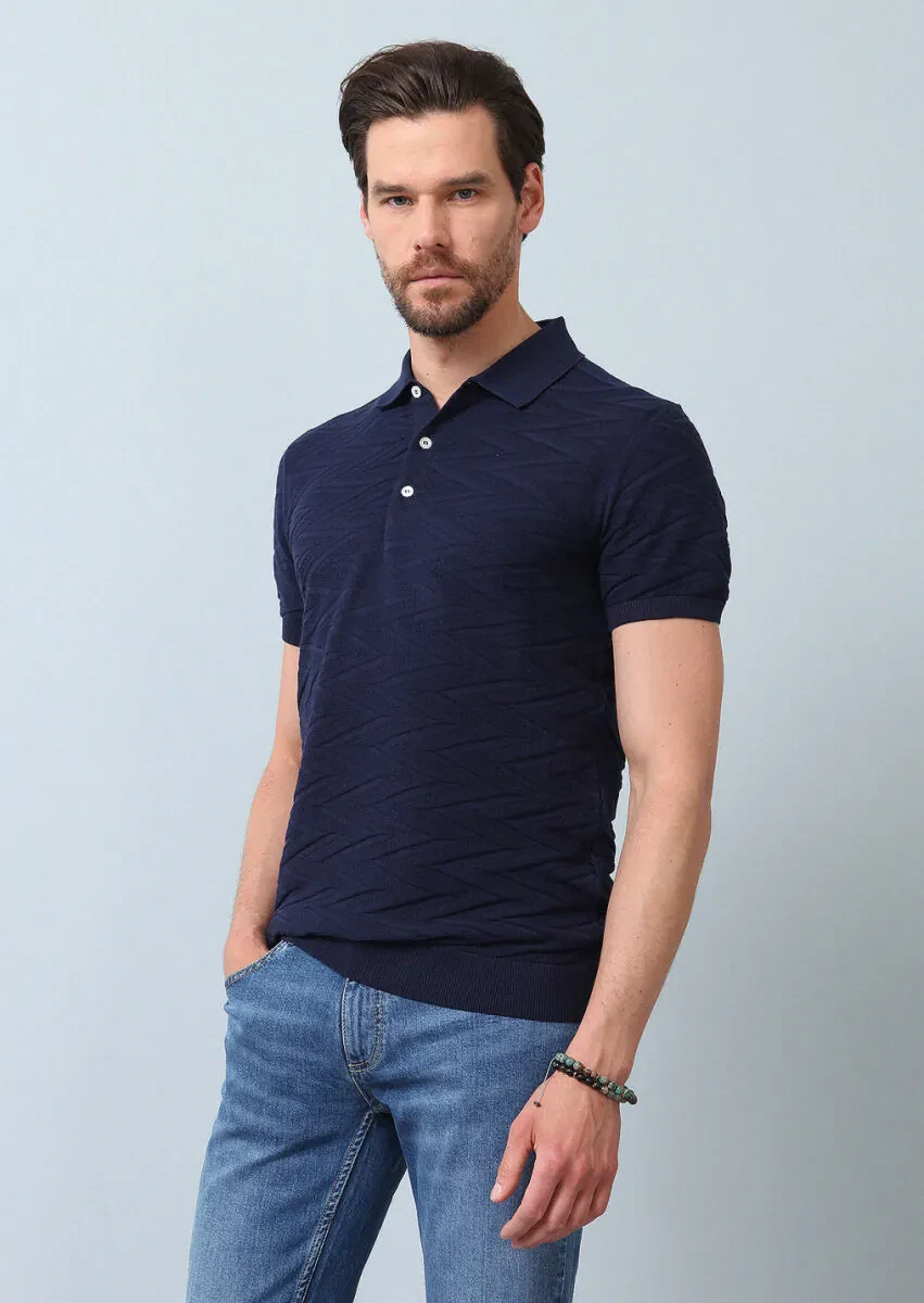 Lacivert Polo Yaka Jakarlı %100 Pamuk Triko - 4