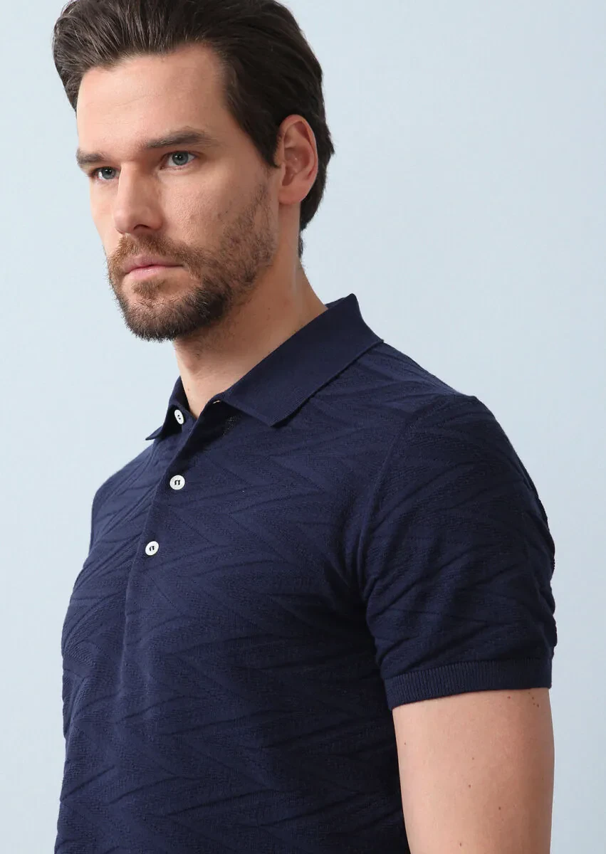 Lacivert Polo Yaka Jakarlı %100 Pamuk Triko - 5