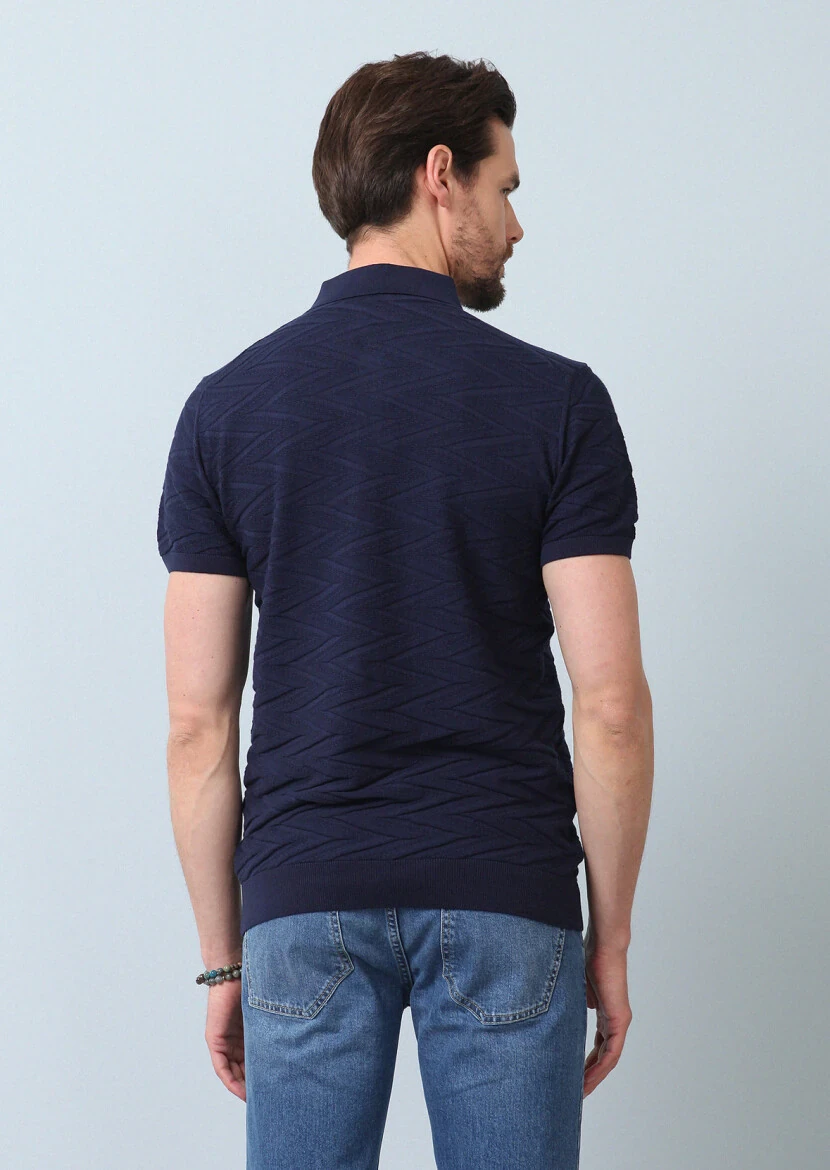 Lacivert Polo Yaka Jakarlı %100 Pamuk Triko - 6