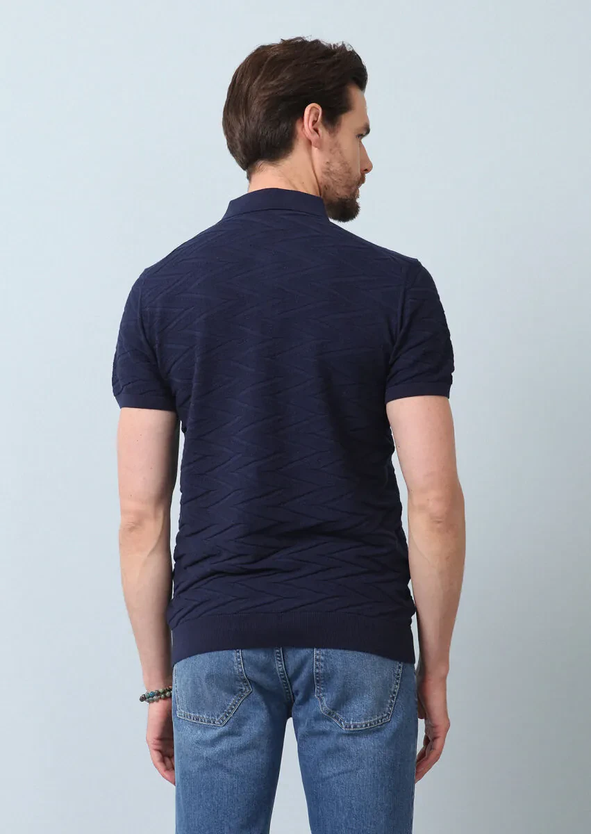 Lacivert Polo Yaka Jakarlı %100 Pamuk Triko - 6