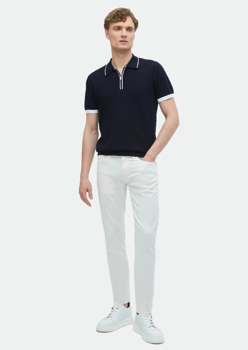 Lacivert Polo Yaka Jakarlı %100 Pamuk Triko 