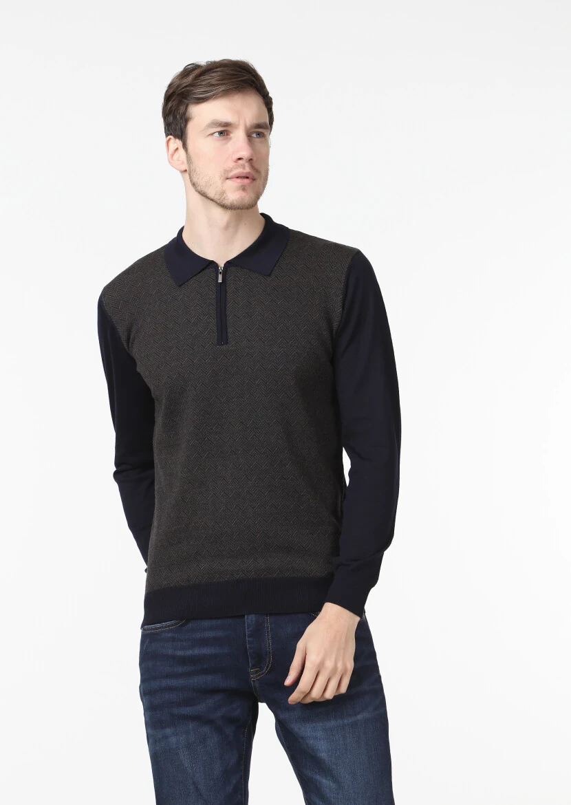 Lacivert Polo Yaka Jakarlı %100 Yün Triko Kazak - 1