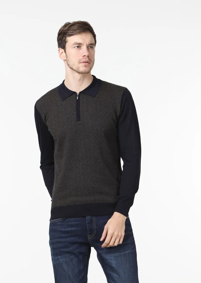 Lacivert Polo Yaka Jakarlı %100 Yün Triko Kazak - 1