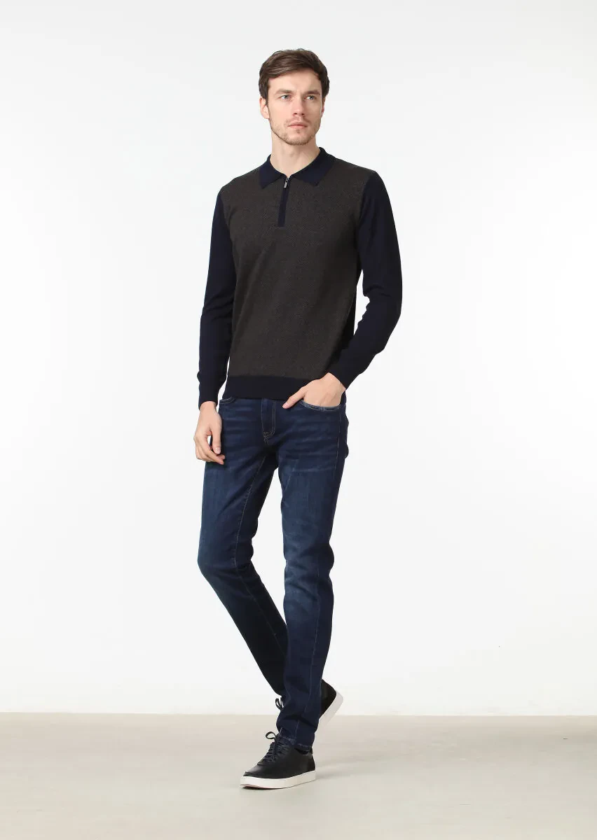 Lacivert Polo Yaka Jakarlı %100 Yün Triko Kazak - 2