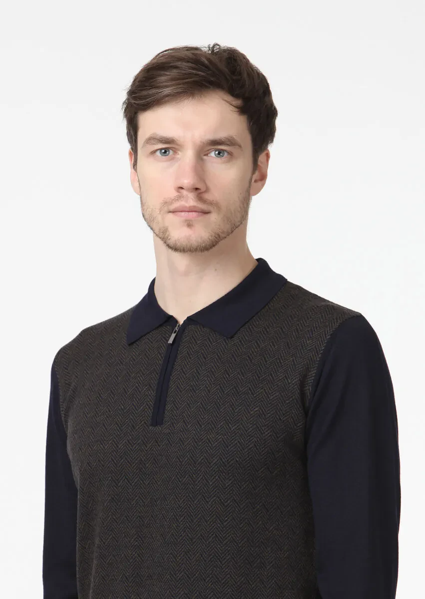 Lacivert Polo Yaka Jakarlı %100 Yün Triko Kazak - 3