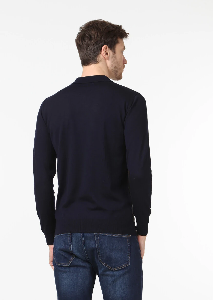 Lacivert Polo Yaka Jakarlı %100 Yün Triko Kazak - 4