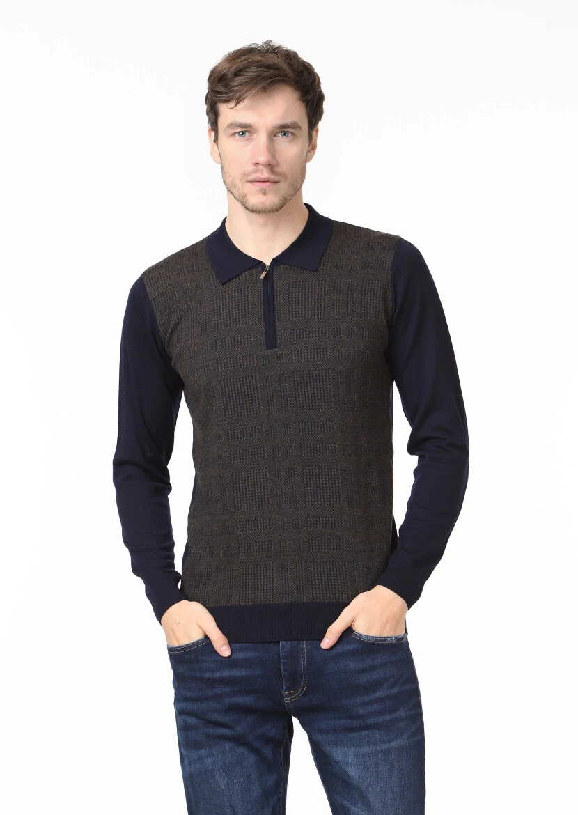 Lacivert Polo Yaka Jakarlı %100 Yün Triko Kazak - 1