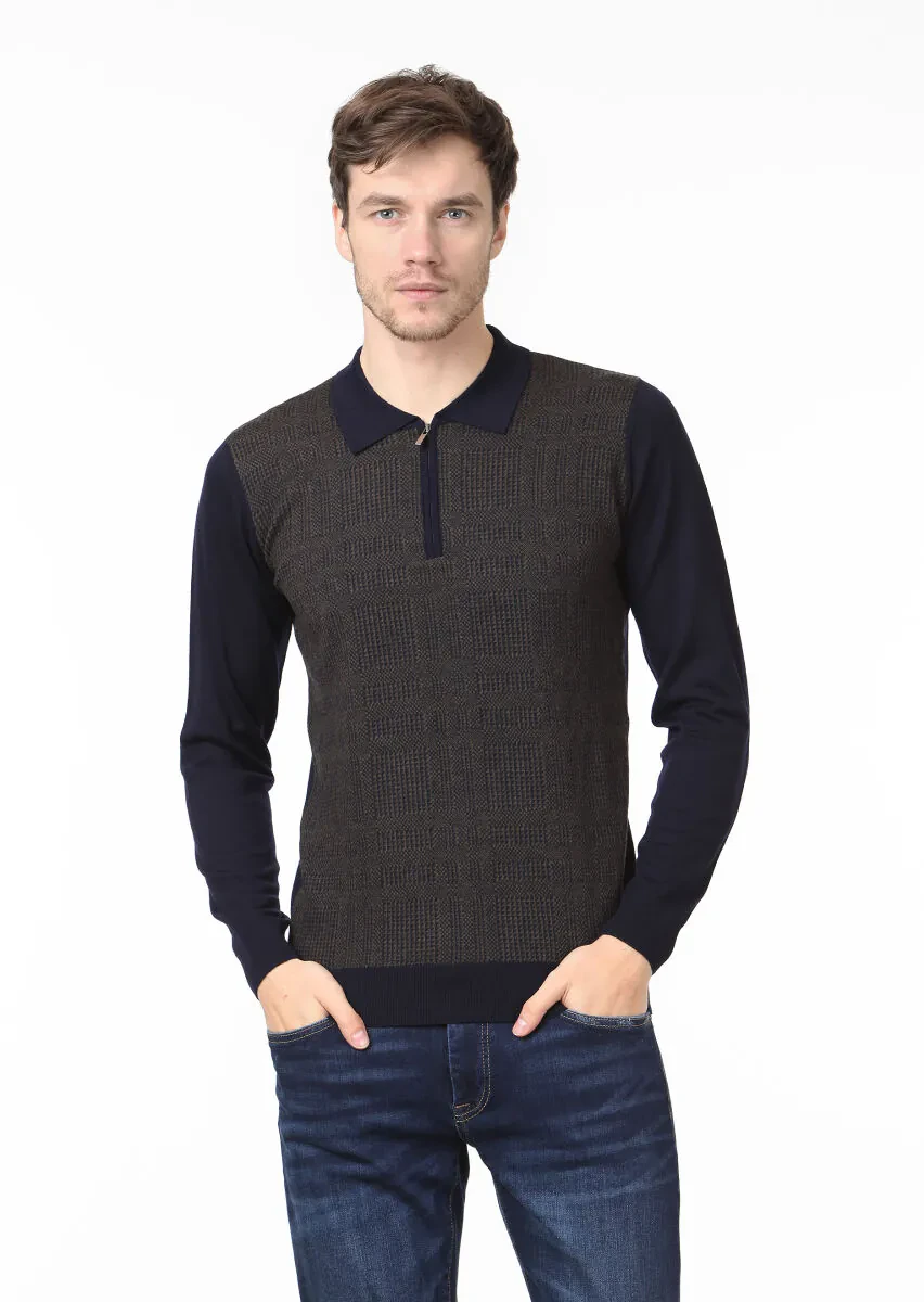 Lacivert Polo Yaka Jakarlı %100 Yün Triko Kazak - 1