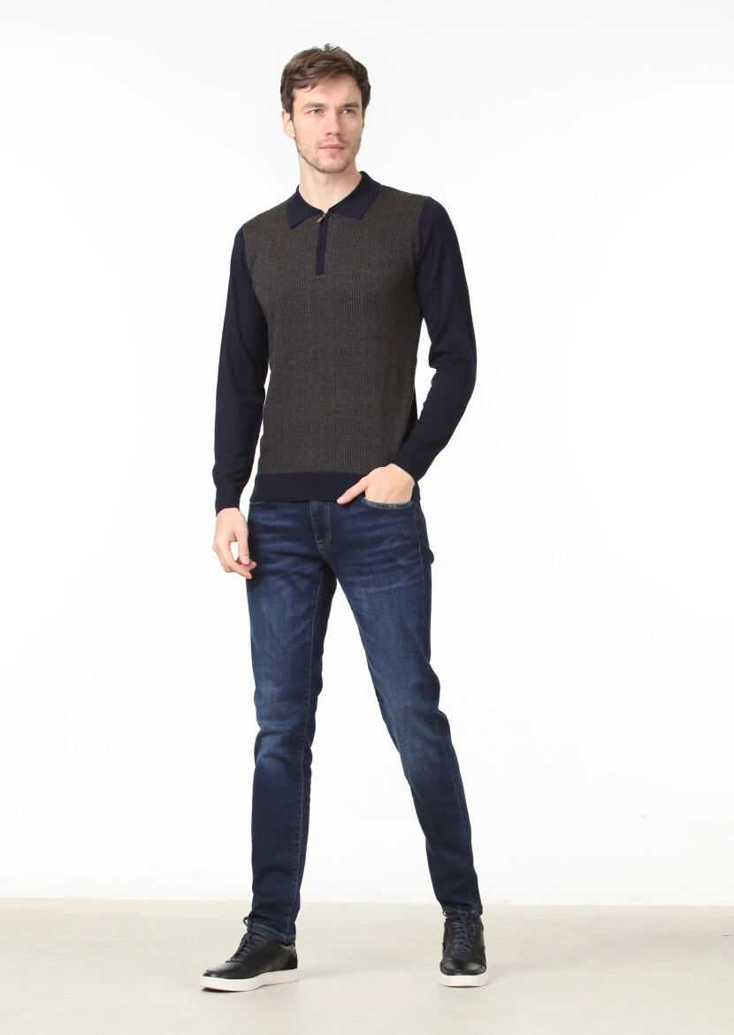 Lacivert Polo Yaka Jakarlı %100 Yün Triko Kazak - 2
