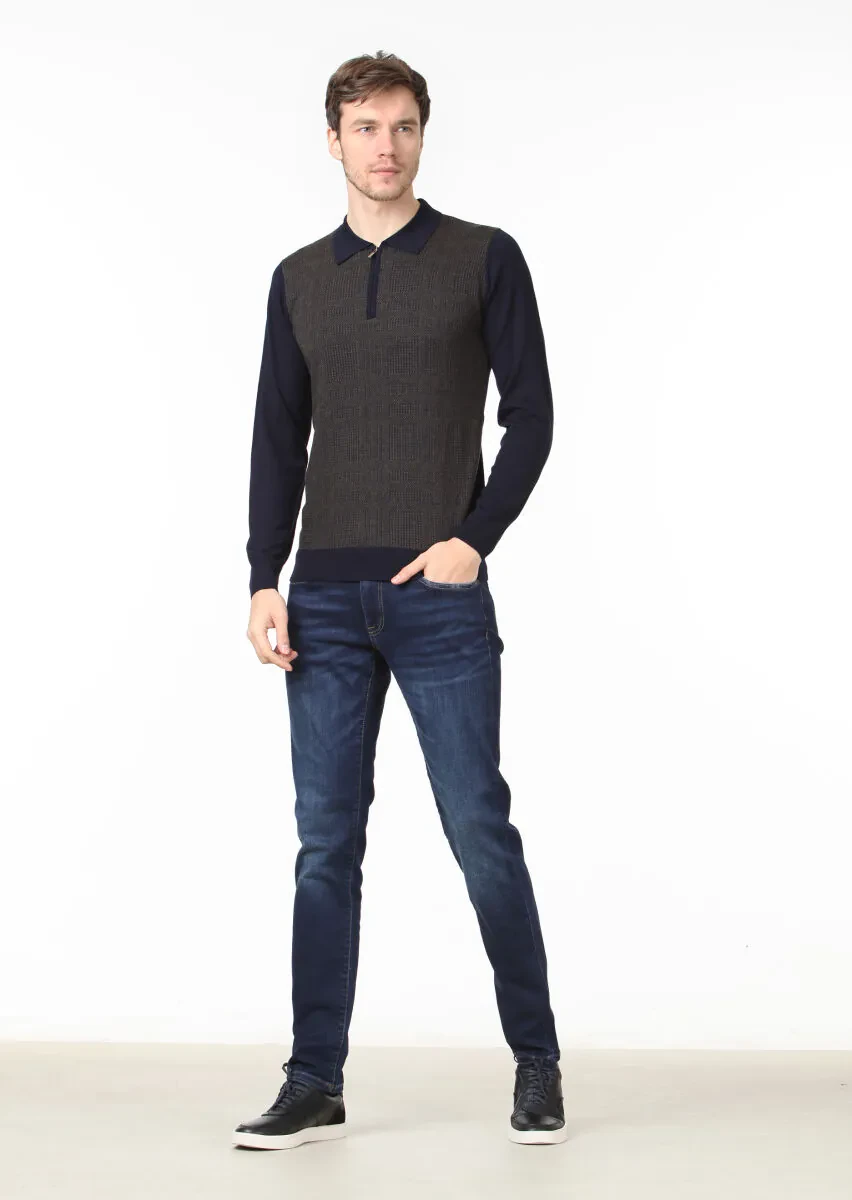 Lacivert Polo Yaka Jakarlı %100 Yün Triko Kazak - 2