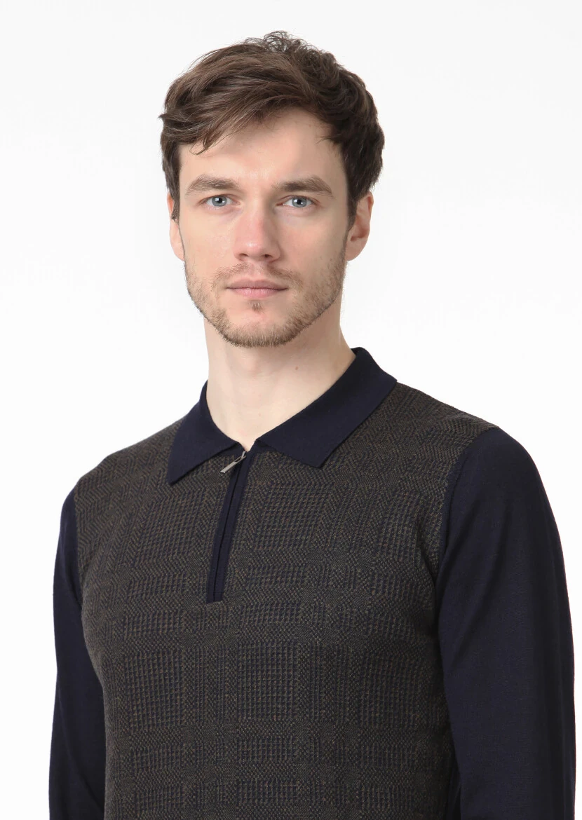 Lacivert Polo Yaka Jakarlı %100 Yün Triko Kazak - 3