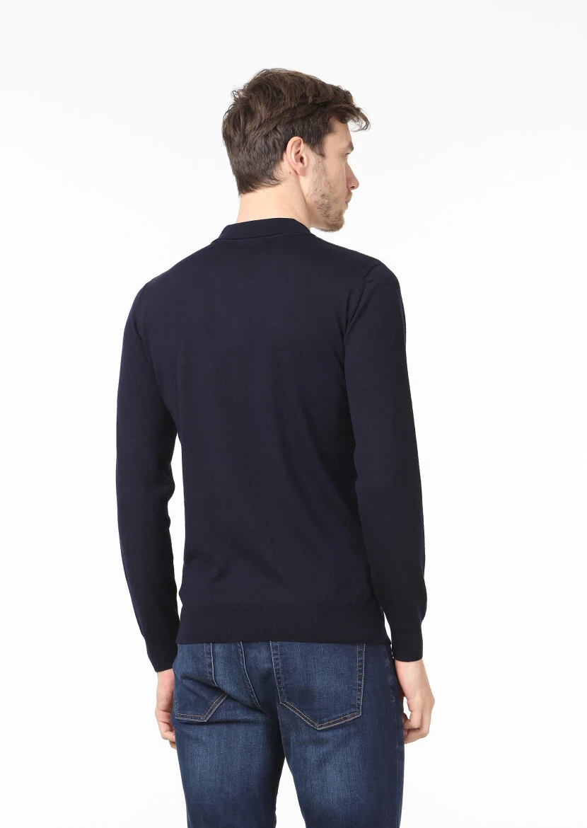 Lacivert Polo Yaka Jakarlı %100 Yün Triko Kazak - 4