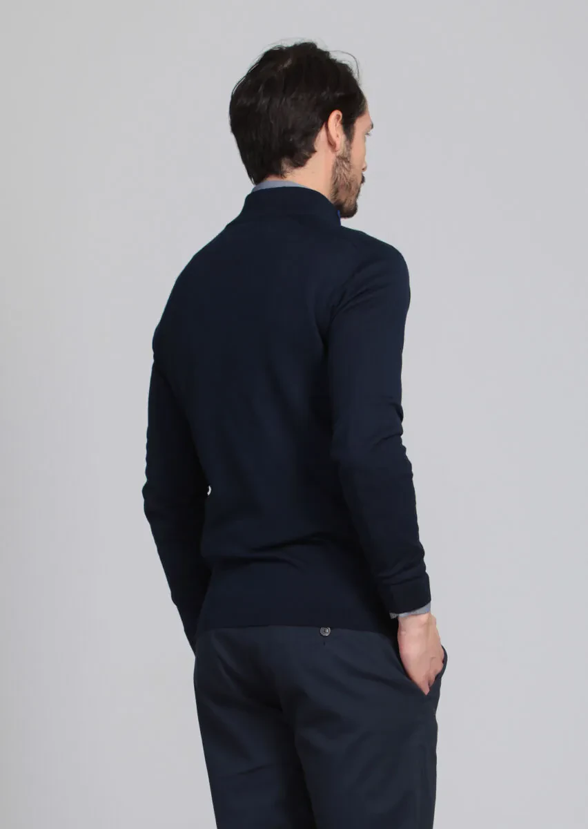 Lacivert Polo Yaka Jakarlı %100 Yün Triko Kazak - 5