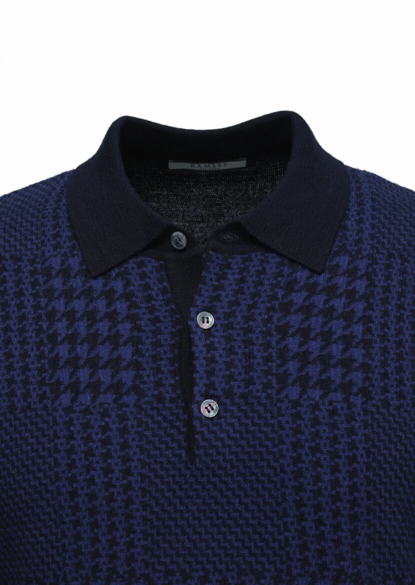 Lacivert Polo Yaka Jakarlı %100 Yün Triko Kazak - 2