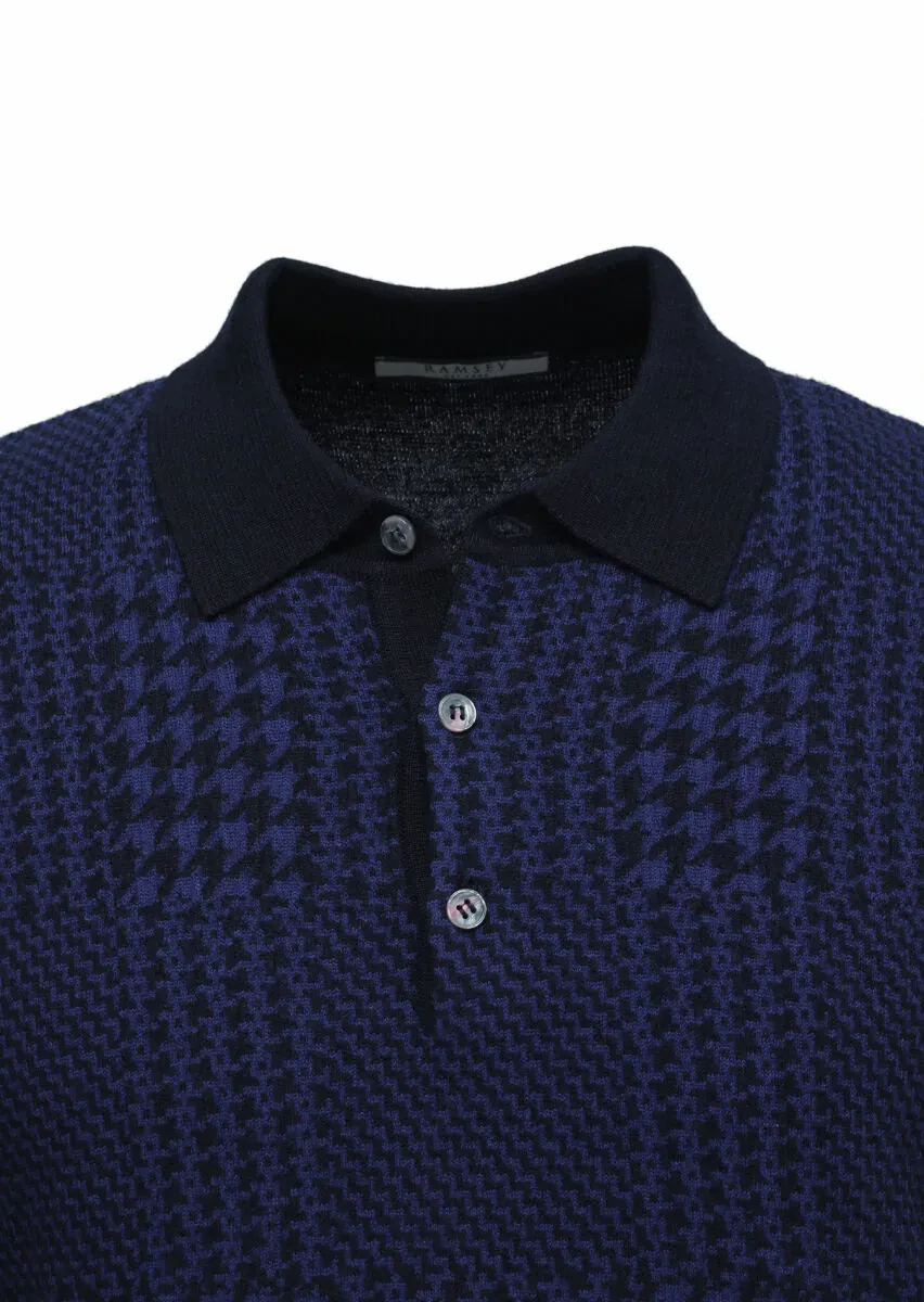 Lacivert Polo Yaka Jakarlı %100 Yün Triko Kazak - 2