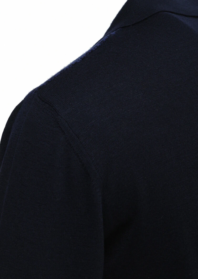 Lacivert Polo Yaka Jakarlı %100 Yün Triko Kazak - 3
