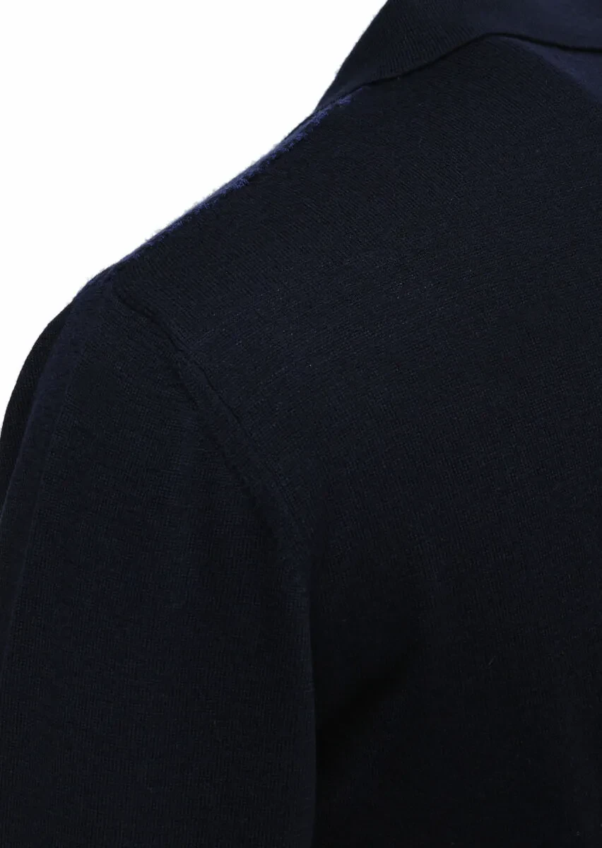 Lacivert Polo Yaka Jakarlı %100 Yün Triko Kazak - 3