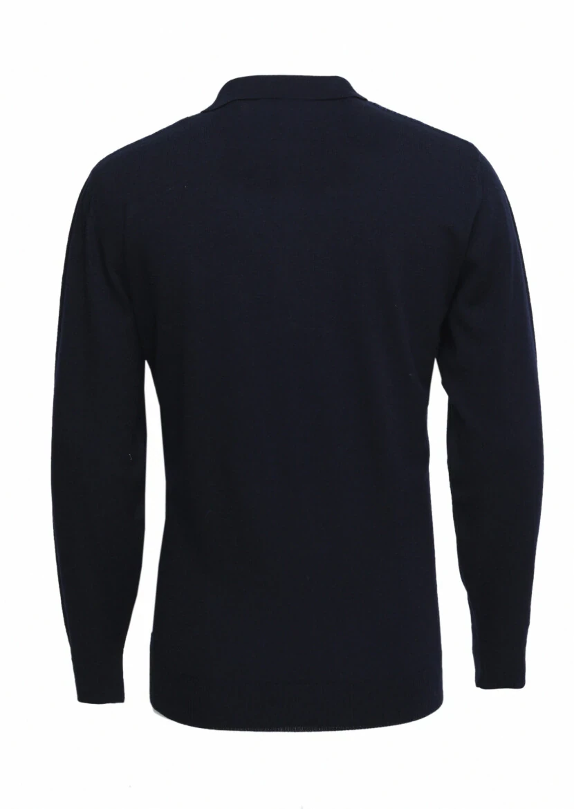 Lacivert Polo Yaka Jakarlı %100 Yün Triko Kazak - 4