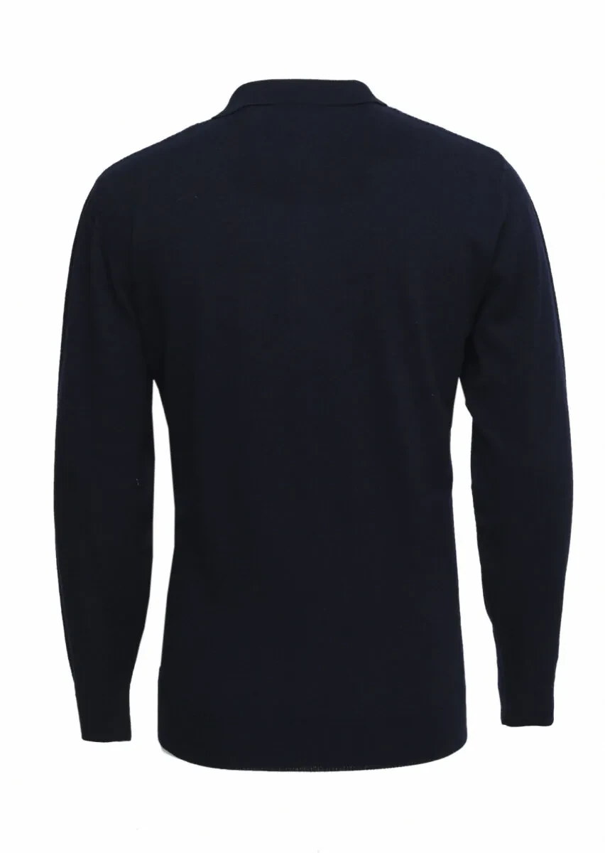 Lacivert Polo Yaka Jakarlı %100 Yün Triko Kazak - 4