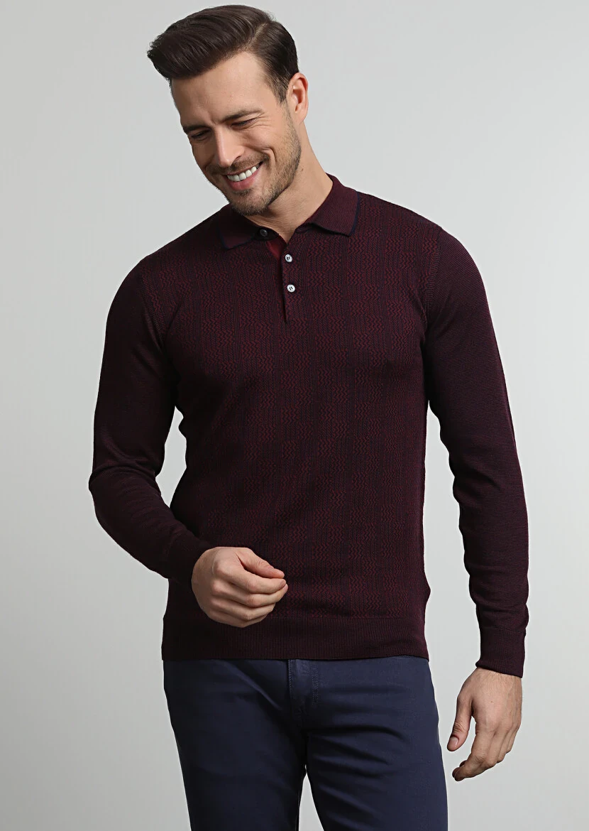 Lacivert Polo Yaka Jakarlı %100 Yün Triko Kazak - 1