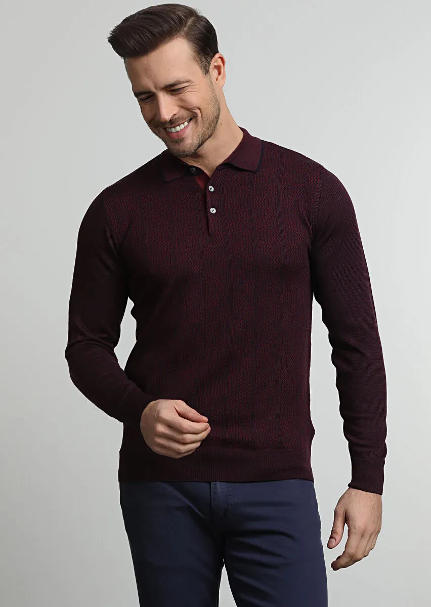 Lacivert Polo Yaka Jakarlı %100 Yün Triko Kazak - 1