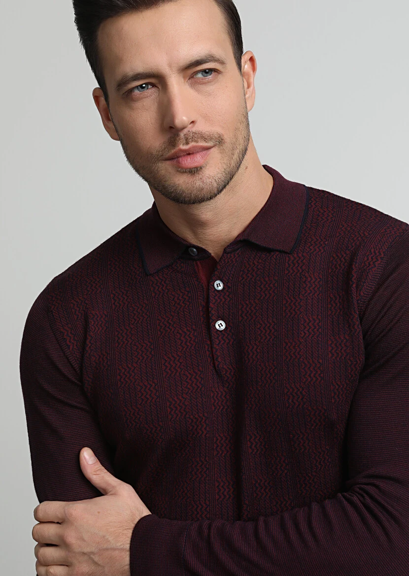 Lacivert Polo Yaka Jakarlı %100 Yün Triko Kazak - 2