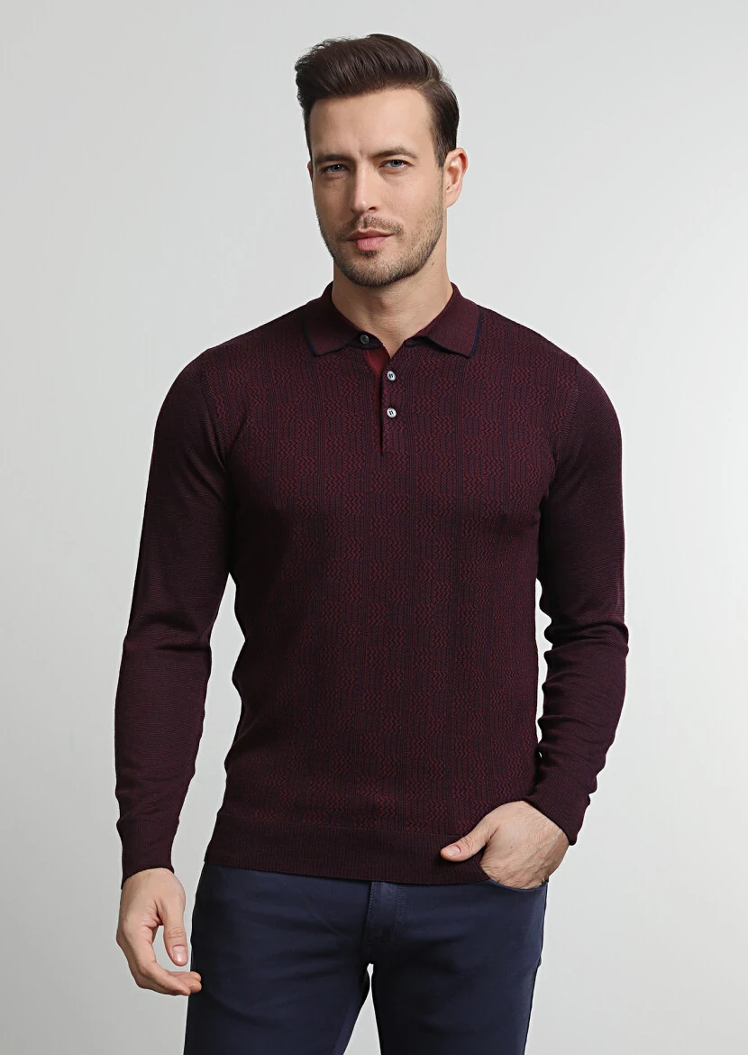 Lacivert Polo Yaka Jakarlı %100 Yün Triko Kazak - 3