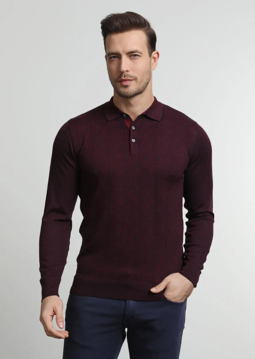 Lacivert Polo Yaka Jakarlı %100 Yün Triko Kazak - 3