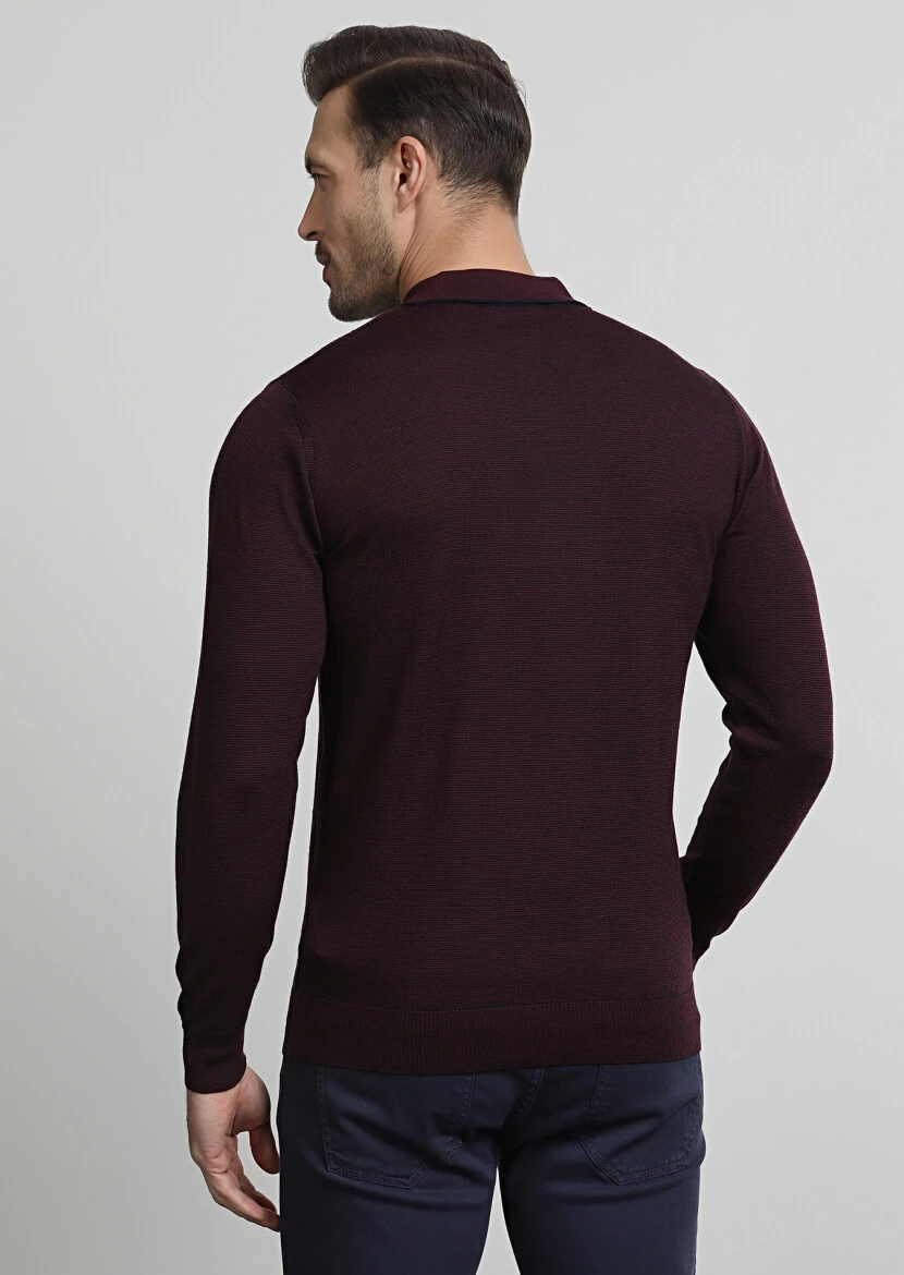 Lacivert Polo Yaka Jakarlı %100 Yün Triko Kazak - 4