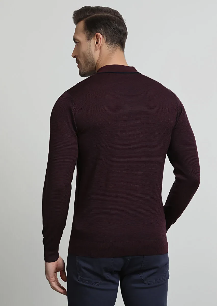 Lacivert Polo Yaka Jakarlı %100 Yün Triko Kazak - 4