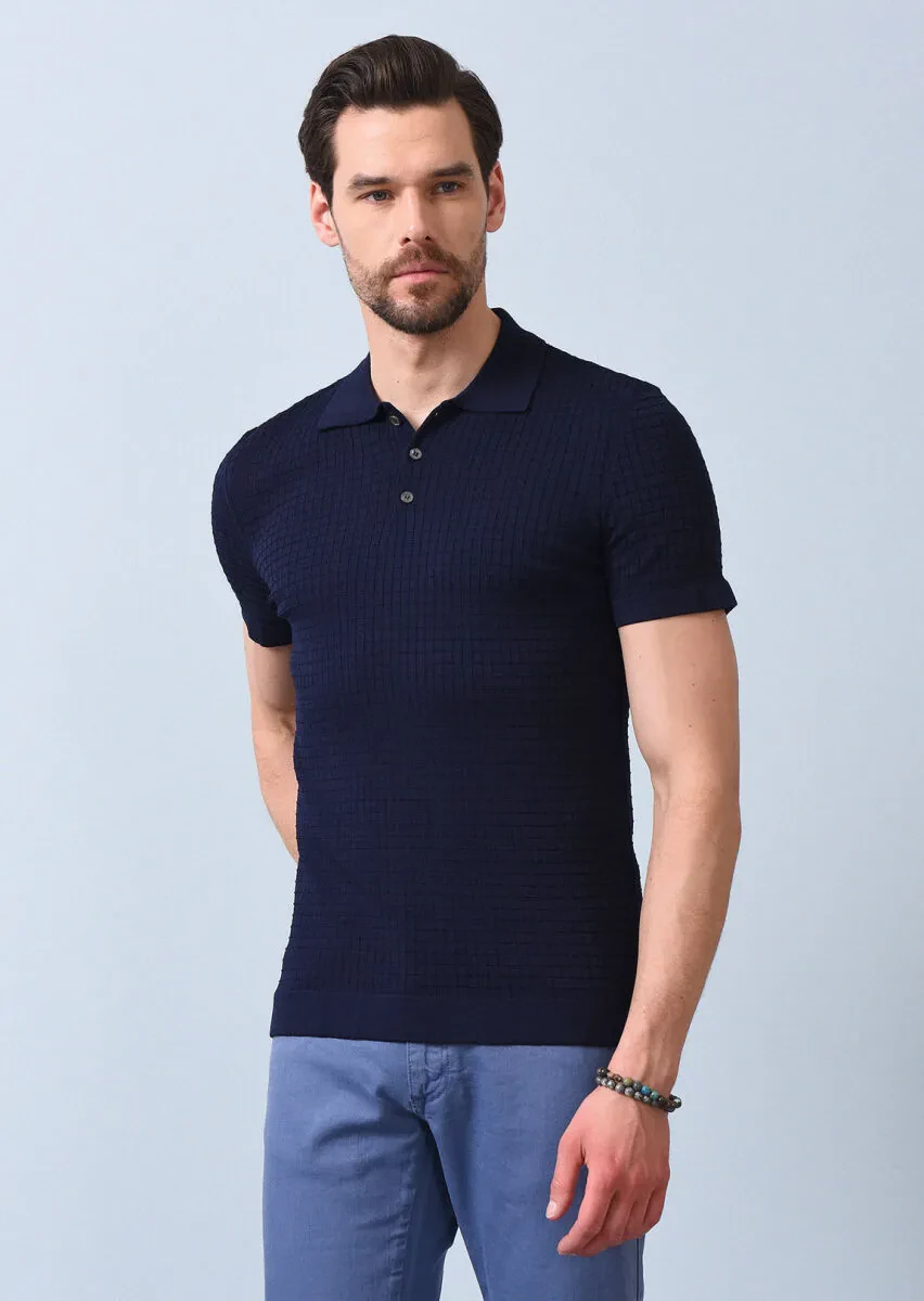 Lacivert Polo Yaka Jakarlı Triko - 1