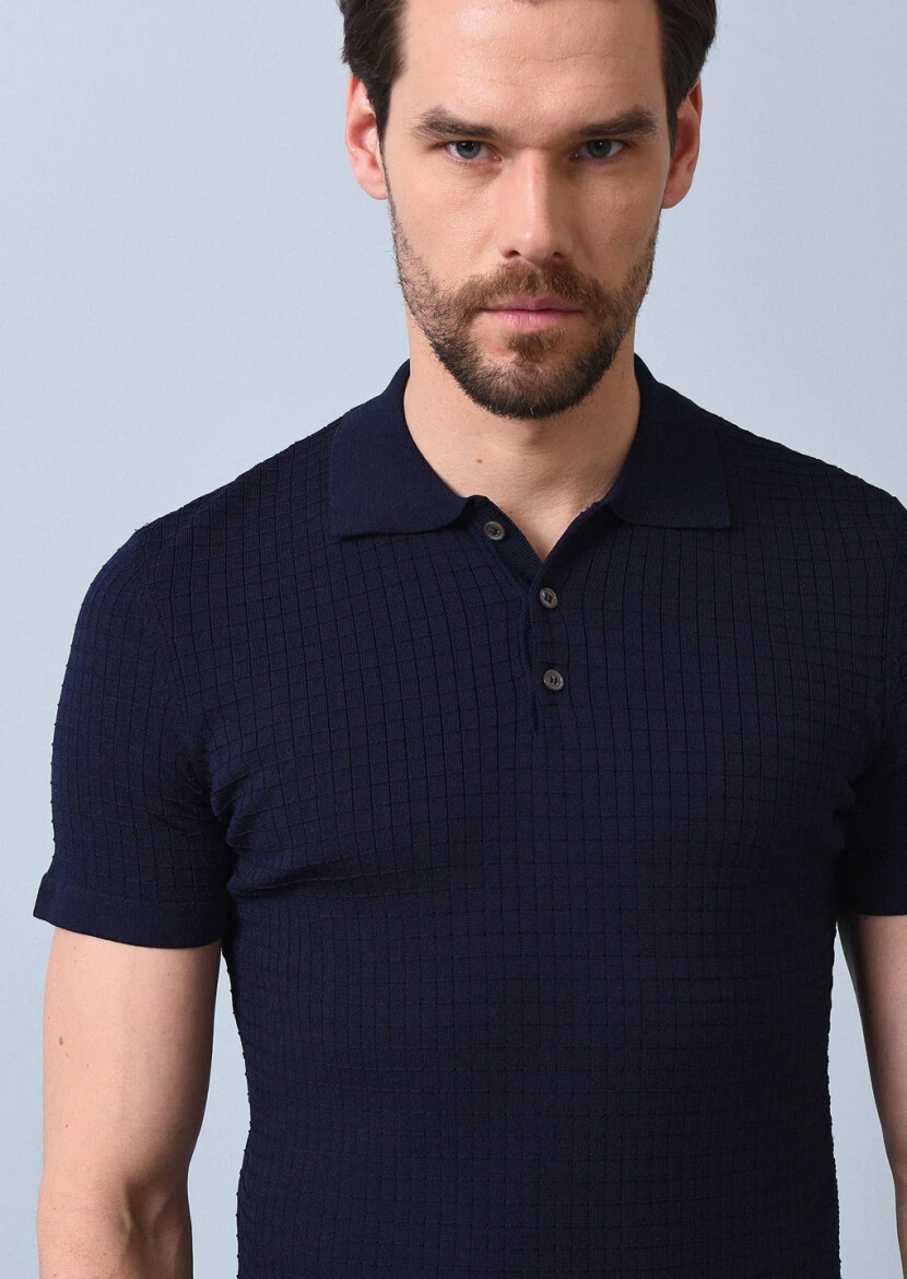 Lacivert Polo Yaka Jakarlı Triko - 3